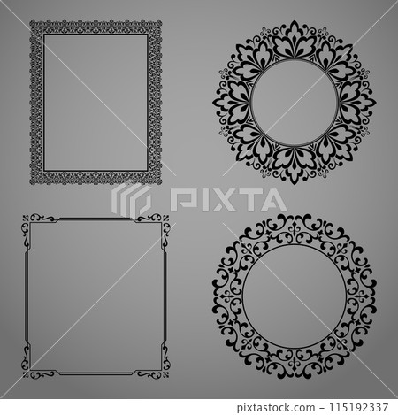 Set of decorative frames Elegant vector element for design in Eastern style, place for text. Floral black and gray borders. Lace illustration for invitations and greeting cards 115192337