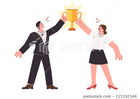 Two business winners together won trophy for professional achievements and successful teamwork 115192348