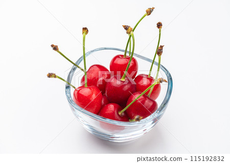 Cherries from Yamagata prefecture in a glass bowl on a white background Cherries from Yamagata prefecture in a glass bowl on a white background 115192832