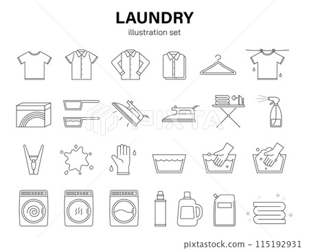 Laundry, cleaning, icon set, line drawing, shirt, laundry, iron, hand washing, housework, living 115192931