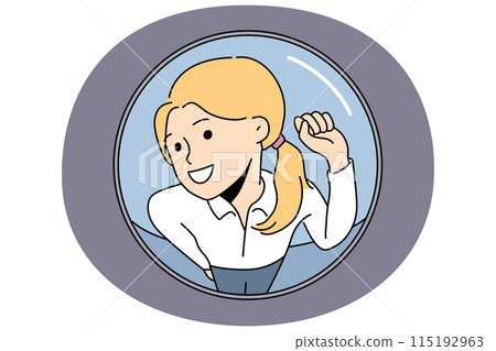 Saleswoman knocking on apartment view from behind peephole for business concept with cold sales 115192963