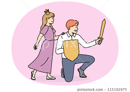 Princess girl near father with knight sword spend time playing royal family from fairy tales 115192975