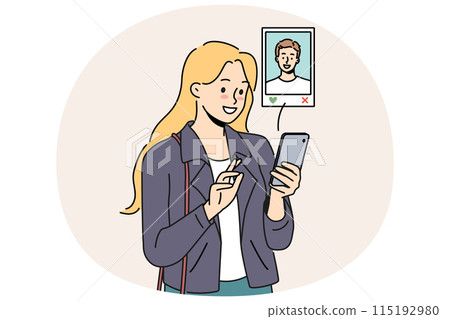 Woman uses dating app on mobile phone, choosing guy likes by photo and browsing profile 115192980