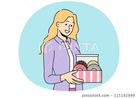 Woman holds donuts in box offering breakfast with sweet pastries with fruit or chocolate icing Woman holds donuts in box offering breakfast with sweet pastries with fruit or chocolate icing 115192999