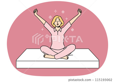 Woman sits on soft mattress and yawns getting ready for healthy sleep furniture concept 115193002