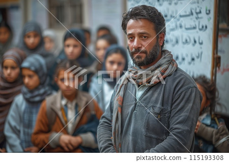 Arabic teacher standing in a classroom in an Islamic school, explaining new complex topic to muslim boys and girls. Free education for children from remote villages, solving problems with illiteracy 115193308