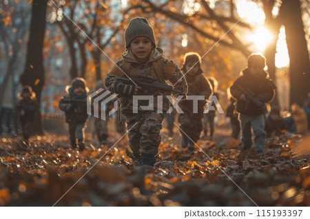 Squad of young kids, aged five, wearing camouflage gear and holding toy guns as they navigate through a makeshift obstacle course in a park, engaging in a fictitious military operation 115193397