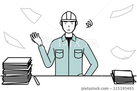 A man in a helmet and work clothes is fed up with unfinished business 115193483