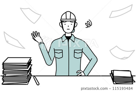 A female engineer in a helmet and work clothes is tired of unfinished work A female engineer in a helmet and work clothes is tired of unfinished work 115193484