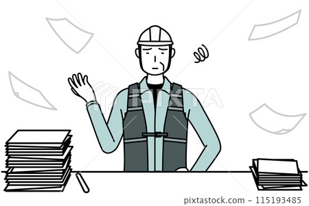 A senior male engineer in a helmet and work clothes tired of unfinished work 115193485