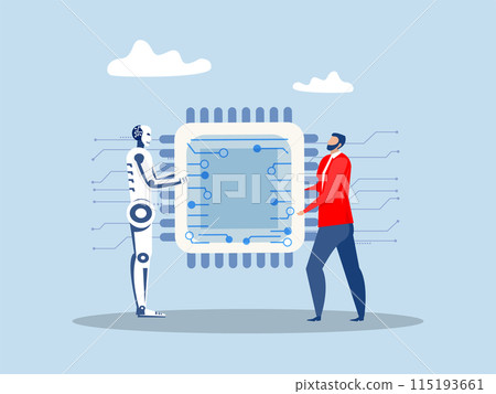 Semiconductor and computer chip supply chain, businessman with robbot cooperation computer chip with creative for solution shortage electronics manufacturing problem concept 115193661