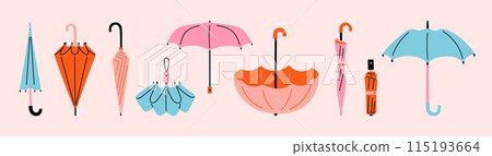 Umbrellas. Folded, closed rain parasol icons, doodle rainy or storm protection, handle dry season symbol, waterproof sun canopy. Contemporary collection vector cartoon isolated set 115193664