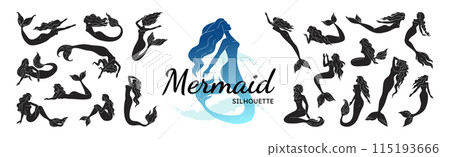Mermaid. Little starfish tail silhouette, sea beach girl on shell, simple young ocean water fairy fantasy woman with long hair. Isolated decorative elements. Mythology vector graphic icon set 115193666