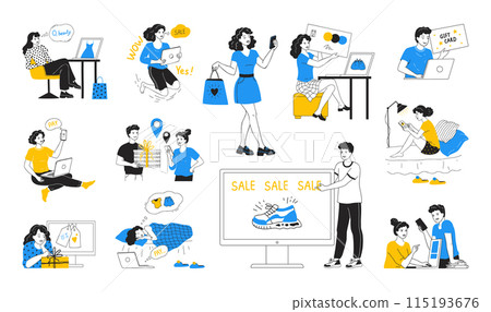 Online shopping. Store sale. Internet shop. Doodle people characters. Happy persons with smartphones. Woman making purchases. Man paying order. Courier delivery. Vector concepts set Online shopping. Store sale. Internet shop. Doodle people characters. Happy persons with smartphones. Woman making purchases. Man paying order. Courier delivery. Vector concepts set 115193676