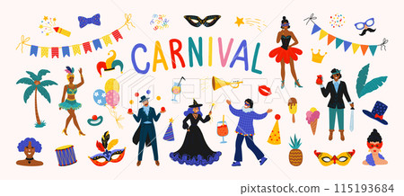Carnival costumes. People music party, birthday concert or circus character dance, clown person. Isolated decoration elements. Happy men and women. Vector cartoon flat isolated illustration Carnival costumes. People music party, birthday concert or circus character dance, clown person. Isolated decoration elements. Happy men and women. Vector cartoon flat isolated illustration 115193684
