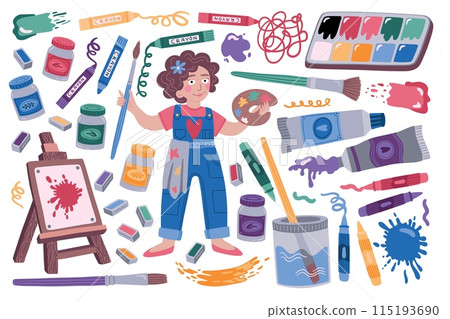 Paint tools. Painter profession workshop by art school. Creative woman with canvas and color palette. Artist painting on easel. Crayon and paintbrush. Vector cartoon artistic objects set 115193690