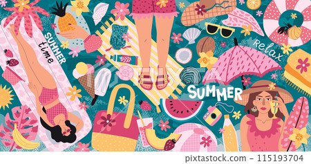 Summer art. Abstract sea beach. Women sunbathing and relaxing on seashore. People in joy trip. Watermelon and pineapple cocktail. Girl tanning under umbrella. Vector travel background 115193704