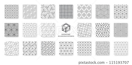 Geometric patterns. Modern background design or ornamental fabric tile. Abstract texture. Line decorative grid. Graphic seamless print. Hexagon shapes. Vector repeated backgrounds set 115193707