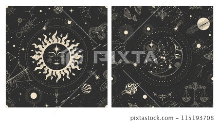 Astrology patterns. Moon, star and sun alchemy and celestial galaxy planets, esoteric cosmos mystic sketch. Occult square cover. Witchcraft mystery boho Isolated line vector background 115193708