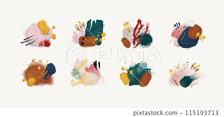 Watercolor backgrounds. Abstract gold art, fashion modern blush and splash for invitation design. Natural and golden shimmer brushstrokes compositions. Paintbrush elements vector illustration 115193713