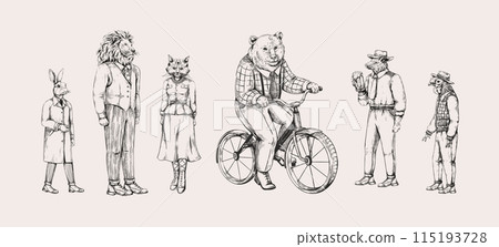 Vintage animals. Anthropomorphic mammals. Sketch art. Rabbit character. Bear on bike. Hare retro drawing. Bicycle wheel. Cat in dress and shoes. Courier delivery. Vector portraits set 115193728