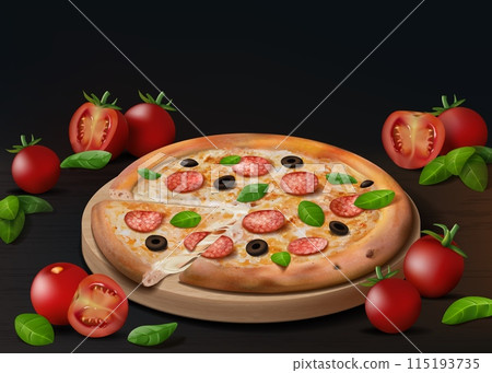 Pizza ad. Restaurant menu. Pepperoni delivery. Italian food. Cooking ingredients. Basil leaves or tomato slices. Realistic bakery meal. Cheese and ketchup. Vector pizzeria template 115193735