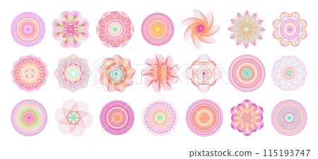 Spiral icons. Gradient color seals. Circular line signs. Watermark shapes. Guilloche pattern. Mandala circles. Optical illusion ornament. Abstract geometric forms. Vector stamps set Spiral icons. Gradient color seals. Circular line signs. Watermark shapes. Guilloche pattern. Mandala circles. Optical illusion ornament. Abstract geometric forms. Vector stamps set 115193747