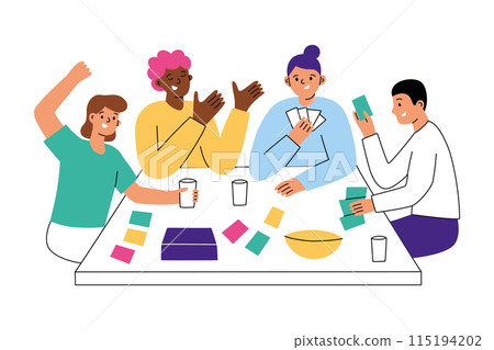 Friends playing board game with cards, adults having fun together. Hand drawn composition with table game, colored cards. Leisure activity and hobby for party. Vector illustration of strategy game 115194202