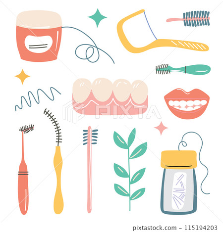 Vector illustration set of dental care products for cleaning interdental spaces. Dental floss, interdental brushes, toothpicks, and tooth icons. Doodle style, flat cartoon images for teeth hygiene 115194203