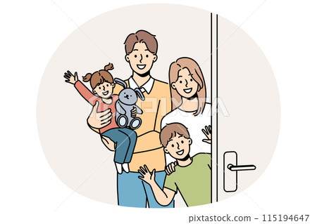 Family with children stands near door, inviting guests to banquet and waving hands in greeting Family with children stands near door, inviting guests to banquet and waving hands in greeting 115194647