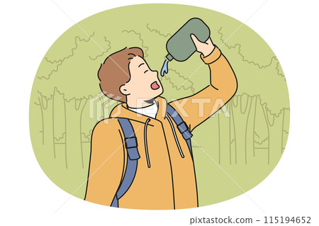 Man drinks water hiking in forest feeling thirsty after long walk through wilderness area with trees Man drinks water hiking in forest feeling thirsty after long walk through wilderness area with trees 115194652