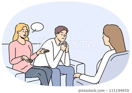 Couple at family therapist in office, sitting on couch talking about problems and quarrels Couple at family therapist in office, sitting on couch talking about problems and quarrels 115194659