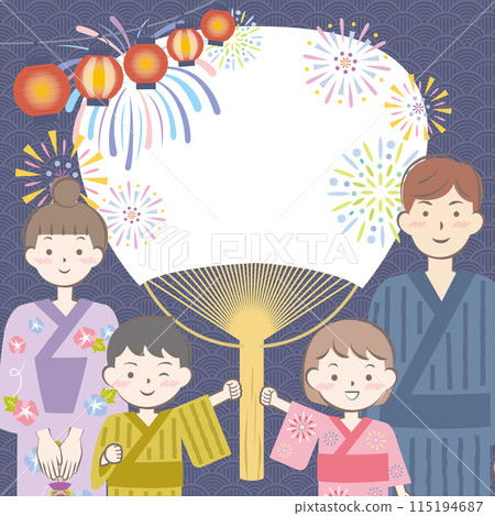 一家人穿著浴衣、放煙火、拿著扇子參加夏日祭典的畫面 115194687