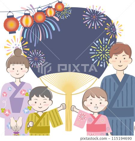 一家人穿著浴衣、放煙火、拿著扇子參加夏日祭典的畫面 115194690