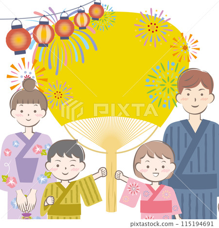 Image of a family in yukata and a summer festival, fireworks, fan 115194691