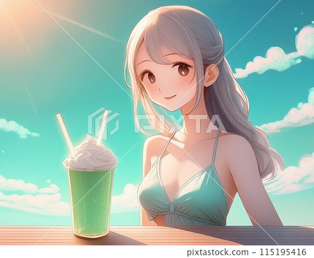 穿著泳衣和奶油蘇打水的女人的插圖 — 夏日陽光 穿著泳衣和奶油蘇打水的女人的插圖 — 夏日陽光 115195416