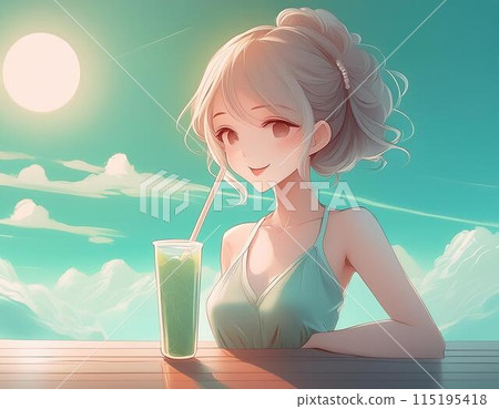 Illustration of a woman in a swimsuit and cream soda - Summer sunshine Illustration of a woman in a swimsuit and cream soda - Summer sunshine 115195418