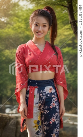 Young woman wearing kimono in the forest, summer resort 115195494