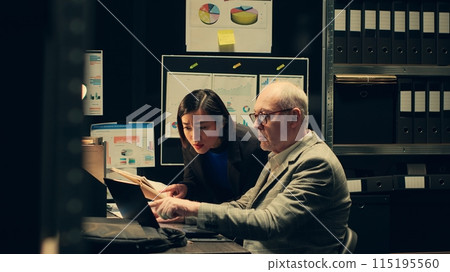 Private detectives identifying patterns in criminal behavior by analyzing archived records, working on federal case. Agents investigate authenticity of witness statements. Camera A. 115195560
