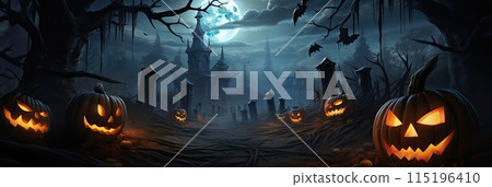 Halloween Jack Lantern pumpkin background in a scary forest with a dead tree, a terrible hunting house. Frightening mood, bats, driftwood, full moon, fog, twilight. Copy space. AI generated Halloween Jack Lantern pumpkin background in a scary forest with a dead tree, a terrible hunting house. Frightening mood, bats, driftwood, full moon, fog, twilight. Copy space. AI generated 115196410