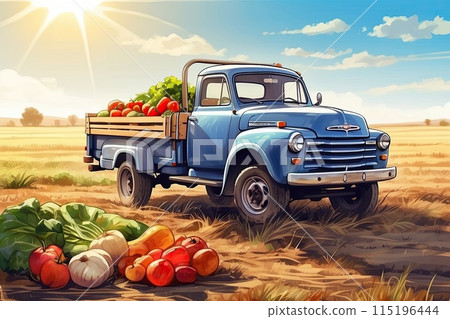 Old truck with an autumn harvest of vegetables and herbs on a plantation - a harvest festival, a roadside market selling natural eco-friendly farm products. illustration. AI generated 115196444