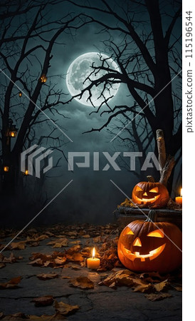 Halloween Jack Lantern pumpkin background in a scary forest with a dead tree, a terrible mood, bats, full moon, fog, twilight, cemetery. AI generated 115196544