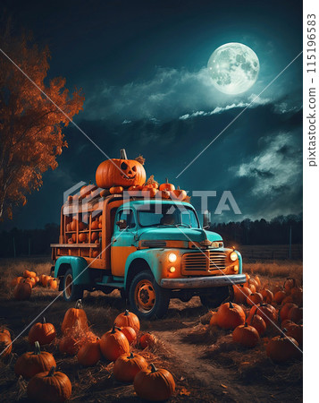An old orange pumpkin truck at night on a full moon for Halloween is a scary festive background, a party, a frightening mood. Pumpkins on the farm and Jack Lantern with slits. AI generated 115196583