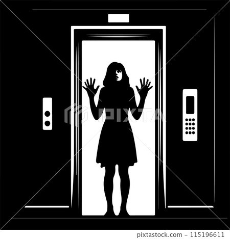 Silhouette of a woman in distress, trapped inside an elevator, expressing fear and anxiety in a black and white depiction. Silhouette of a woman in distress, trapped inside an elevator, expressing fear and anxiety in a black and white depiction. 115196611