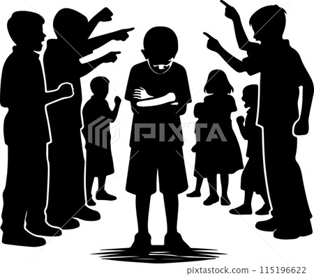 Silhouette of Boy Being Bullied by Group Silhouette of Boy Being Bullied by Group 115196622