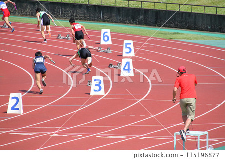 Start of the men's 400m relay at the track and field meet 115196877
