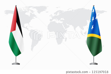 Palestine and Solomon Islands flags for official meeting Palestine and Solomon Islands flags for official meeting 115197018