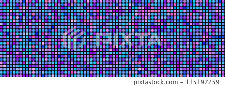 Purple disco party seamless pattern. Rounded square sequin mosaic texture background. Abstract shining colorful halftone wallpaper. Pop up comic glitter sparkles backdrop. Retro vector design template 115197259