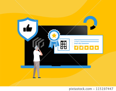 Reputation management service for online and offline businesses. Social media reputation management with brand feedback analysis. Isolated vector illustration Reputation management service for online and offline businesses. Social media reputation management with brand feedback analysis. Isolated vector illustration 115197447