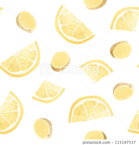 Lemons and ginger slices watercolor seamless pattern on white background. Hand drawn cut round citrus fruits and spices for herbal tea, vitamin C products and traditional medicine recipes Lemons and ginger slices watercolor seamless pattern on white background. Hand drawn cut round citrus fruits and spices for herbal tea, vitamin C products and traditional medicine recipes 115197537